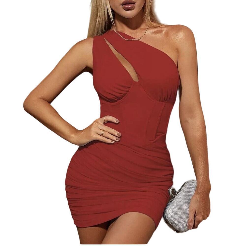 Womens Sexy One Shoulder Cutout Bodycon Corset Mesh Party Club Mini Dress XL New